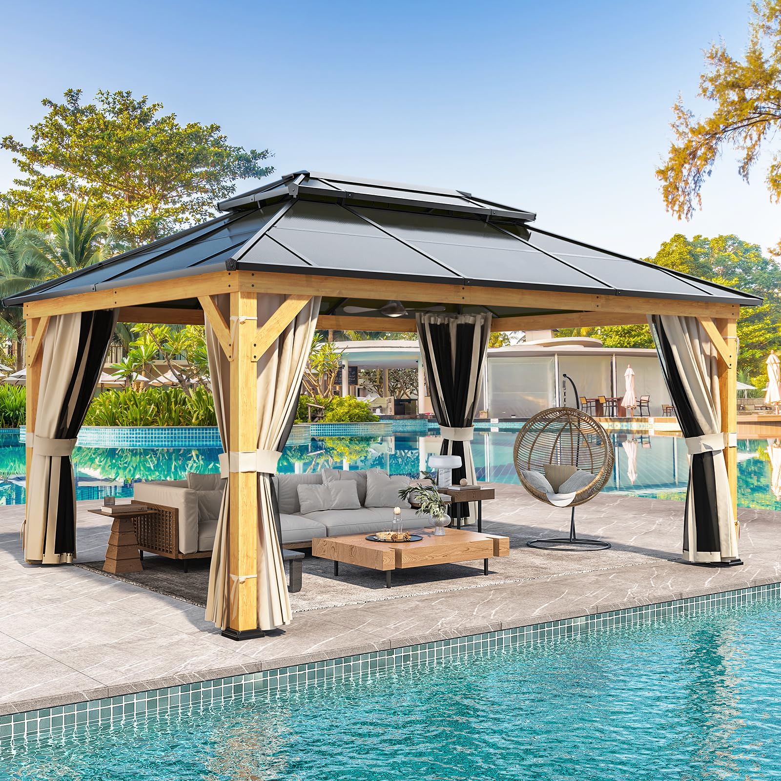 YOLENY 10'x13' Hardtop Gazebo, Outdoor Polycarbonate Double Roof Canopy, Aluminum Frame Permanent Pavilion with Curtains and Netting, Sunshade for Garden, Lawns, Patio